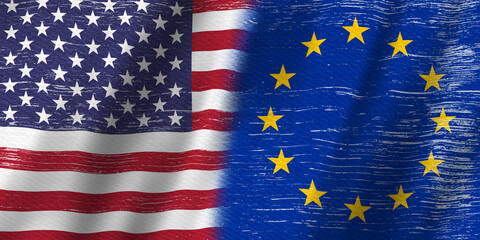 Distressed USA flag stars and stripes and EU European Union flag background