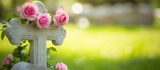 Serene Roses Adorning a Peaceful Memorial Cross in a Green Meadow