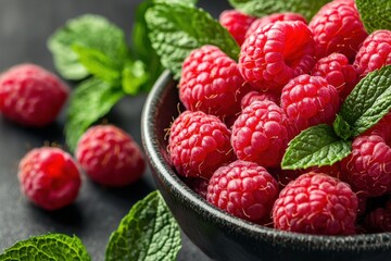 A bowl of bright red raspberries surrounded by fresh mint leaves kitchen setting food photography high-quality gigapixel standard close-up view delicious and healthy treats