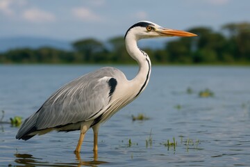 Grey Heron Flying Over a Lake Scene