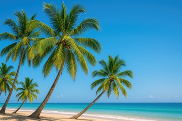 Lush Green Palm Trees Along a Tropical Shoreline Under a Clear Blue Sky