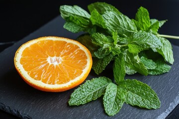 Refreshing citrus delight bright orange slice with fresh mint leaves on a slate board food photography culinary art close-up view
