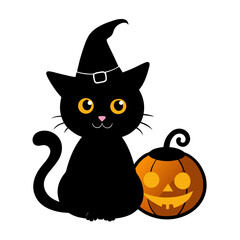 Adorable Halloween Black Cat Silhouette with Witch Hat and Glowing Pumpkin for Festive Designs