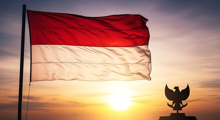Indonesian flag waving against a bright sunset sky, with Garuda Pancasila emblem.