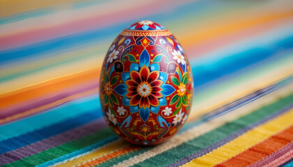 A decorated easter egg with floral patterns on a colorful striped background in a close up shot
