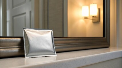 Fototapeta premium A reflective silver-foiled condom packet stands upright on a clean bathroom counter, with a blurred mirror and warm wall sconce in the background, subtly suggesting personal care