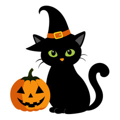 Charming Halloween Cat Silhouette with Seasonal Pumpkin and Witch Hat for Spooky Decorations