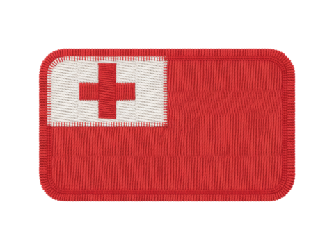 Tongan flag patch with embroidered detail, showcasing national identity through its vibrant red and white colors