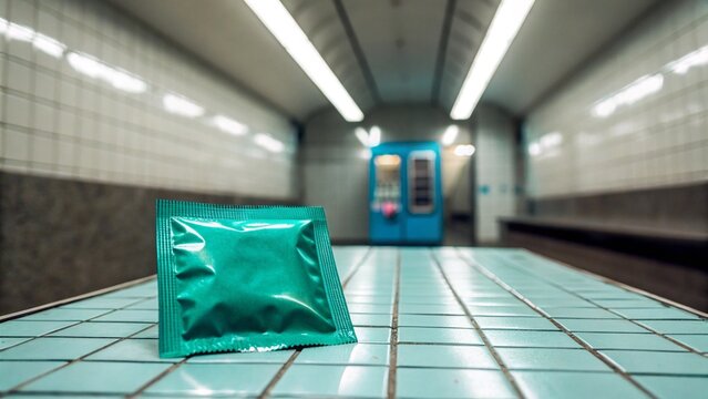 A vibrant teal-colored condom packet lies abandoned on a tiled floor in a subway station or public waiting area, hinting at themes of public health, accessibility, or urban anonymity
