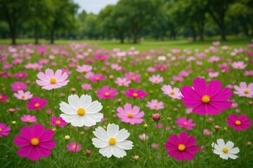 Obraz premium Blooming flowers and vibrant cosmos in the park setting