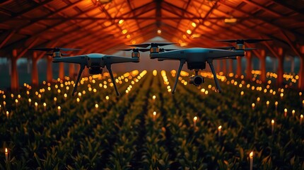 Drones engaged in advanced smart farming over crops, the scene illuminated by the warm, flickering flames of candles.