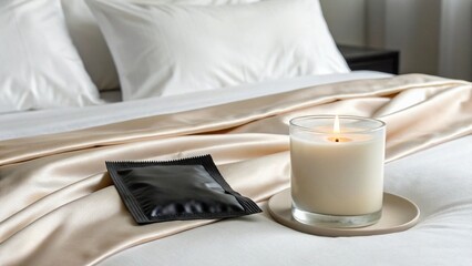 A lit candle and a sachet resting on a luxurious bed with crisp white linens and a satin throw, evoking a sense of relaxation and comfort