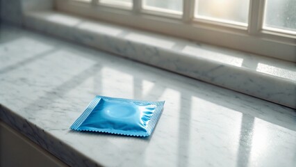 Sunlight streams through a window, casting long shadows and highlighting a condom on a marble windowsill. This scene evokes a sense of intimacy, planning, and trust within a relationship