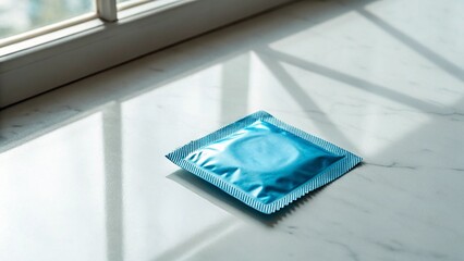 A single condom in a blue wrapper rests on a sleek white marble surface, illuminated by bright, natural sunlight from a nearby window. This image represents modern approaches to safe sex, responsibili
