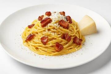 Classic Italian pasta dish featuring creamy egg sauce, crispy bacon, aged cheese, and black pepper served on a white plate