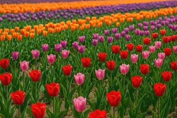 Fototapeta premium Vibrant Field of Multicolored Tulips in Bloom
