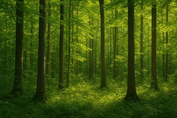 Fototapeta premium Lush green woodland with sunlight filtering through trees