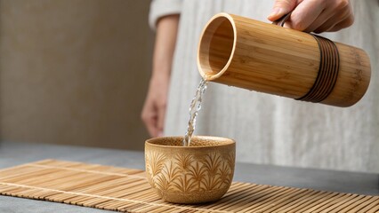 A hand pours clear, refreshing liquid from a bamboo-style carafe into a textured ceramic cup, set on a bamboo mat with decorative leaves and a small lidded pot, evoking a tranquil Asian tea ceremony