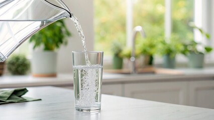 Clear, fresh water is poured from a glass pitcher into a drinking glass on a bright kitchen counter, symbolizing healthy hydration and refreshing moments in a home setting