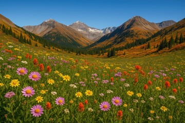 Fototapeta premium Vibrant autumn landscape featuring blooming flowers and a bright blue sky over mountainous terrain