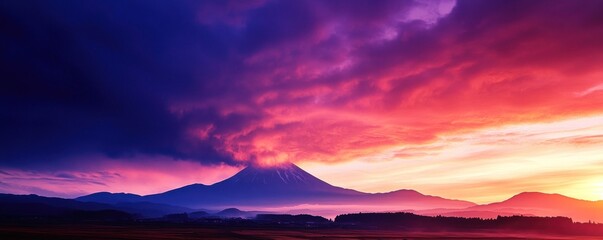 Dramatic Sky over Mount Fuji, A Volcanic Landscape at Sunset, with Vibrant Colors and Moody Clouds