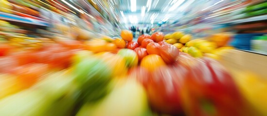 Vibrant Supermarket Aisle Bursting with Fresh Produce and Dynamic Motion Blur