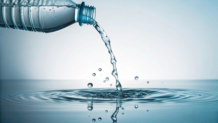 Dynamic shot of fresh, clear water pouring from a plastic bottle, creating an energetic splash and ripples on a pristine surface, ideal for hydration and refreshment concepts
