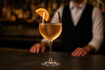Luxurious beverage featuring a citrus garnish served in a wine glass, ideal for upscale dining and bar events