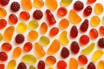 Variety of fruit gummi and jelly candies displayed on a white background