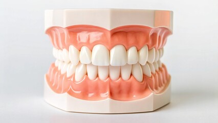 A dental model of a human jaw with a full set of straight, white teeth, isolated on a white background. This anatomical model is perfect for demonstrating oral hygiene, dental procedures