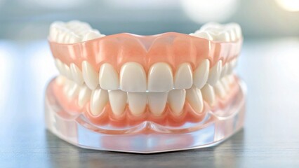 A complete set of upper and lower dentures on a clear acrylic display stand, isolated on a white background. This high-quality model of false teeth is perfect for illustrating concepts in prosthodonti