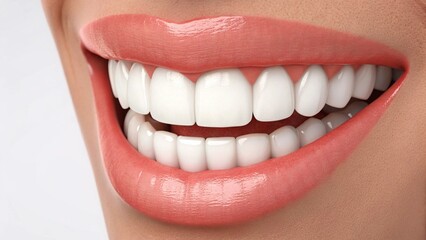 Macro photograph of a perfect female smile, showcasing flawless white teeth and healthy gums. This image is perfect for dentists, cosmetic dentistry clinics, and advertising materials for teeth whiten