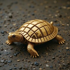 Fototapeta premium Shiny Golden Turtle Sculpture Walking on Rough Ground: Symbol of Wealth and Luck