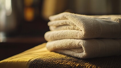 Close-up of stacked soft towels in warm light, perfect for relaxation and hygiene product advertisement