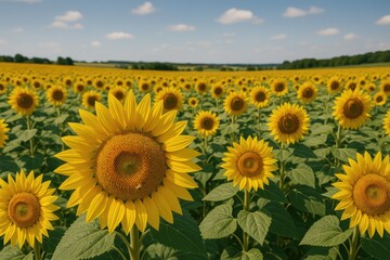 Summer sunflower field in a rural setting under clear skies