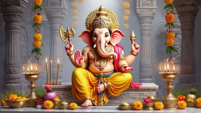 Festive celebration of Ganesh Chaturthi in a vibrant and intricately decorated temple