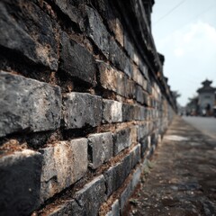 Close-up of aged brick wall, angled view