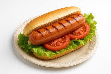 Barbecued sausage hot dogs topped with fresh lettuce and tomato on a paper plate