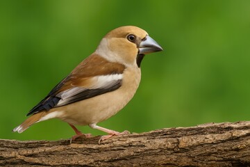 Female bird perched on a wooden surface with lush greenery in the background