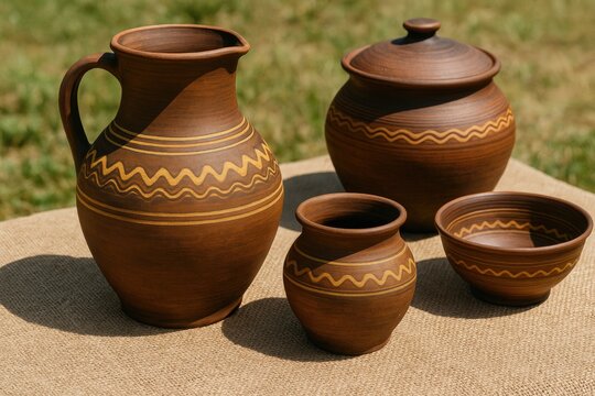 Traditional Ukrainian pottery with earthy brown and yellow hues displayed on rough fabric