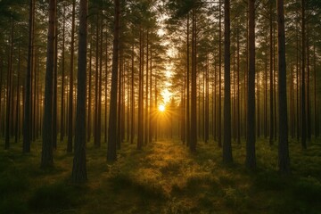 Obraz premium Sunlight filtering through a dense pine forest