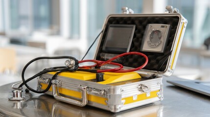 Treatment Equipment Startup type. Portable medical equipment in a sleek metallic case.