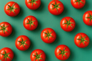 Vibrant Red Tomatoes Arranged diagonally on a teal-green backdrop, showcasing fresh organic produce. Ideal for healthy eating and recipe designs.