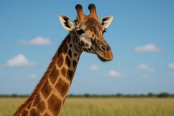 Fototapeta premium Detailed view of a giraffe's neck against a clear blue sky