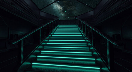 Obraz premium Futuristic staircase with neon glowing steps leading upwards towards a celestial starfield view