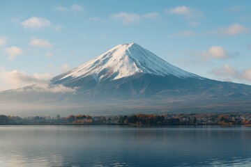 Morning scene of a snow-capped mountain shrouded in clouds and mist