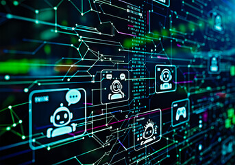 Futuristic AI Bots Interface with Digital Connections and Data Visualization Elements
