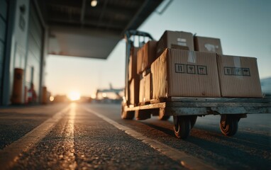 A dolly loaded with cardboard boxes, ready for transport at sunrise. Industrial warehouse setting with soft light and warm tones.