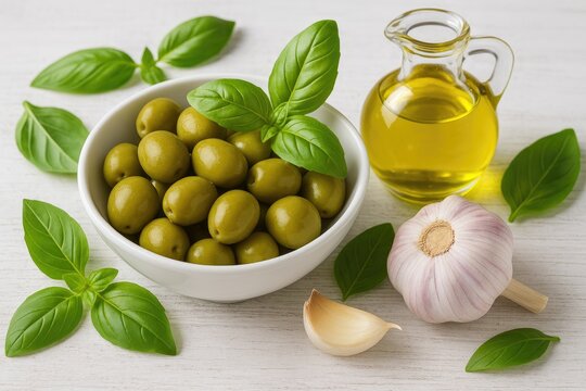 Fresh green olives combined with basil, garlic, and flavorful oil - Powered by Adobe