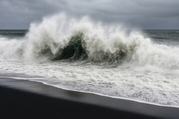 Massive ocean swells crashing onto dark volcanic shoreline